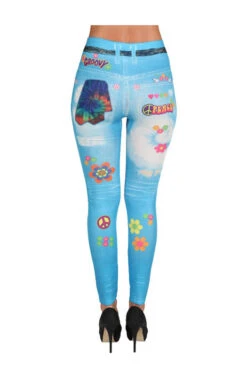 Hippie Leggings Blau Mit Druck -Halloween Kostüm Geschäft hippie leggings blau mit druck blaue stretch hose back 8802025